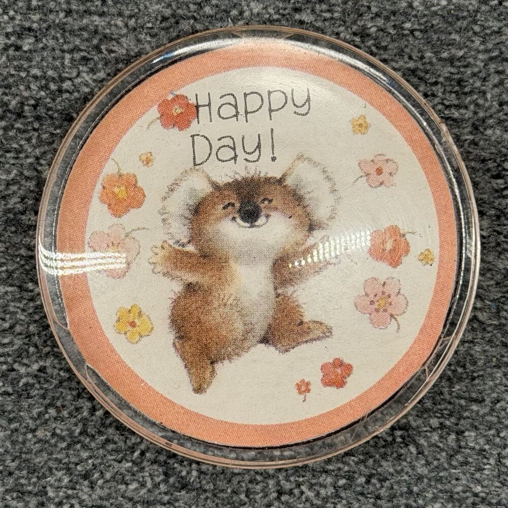 Vintage Hallmark Cards Inc Round Fridge Magnet Happy Day Koala Bear Flowers Cute